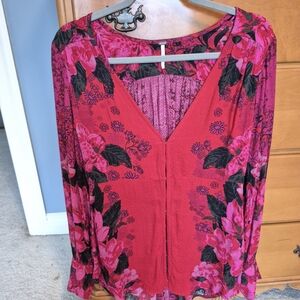 Free People Pink and Black Floral Blouse